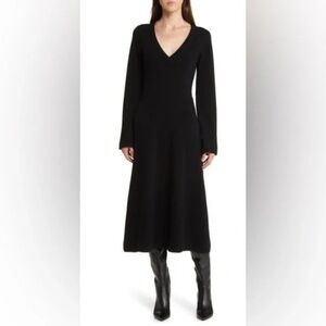 ARGENT Merino Wool A-Line Dress Sweater Dress Black V-Neck long sleeve  NEW